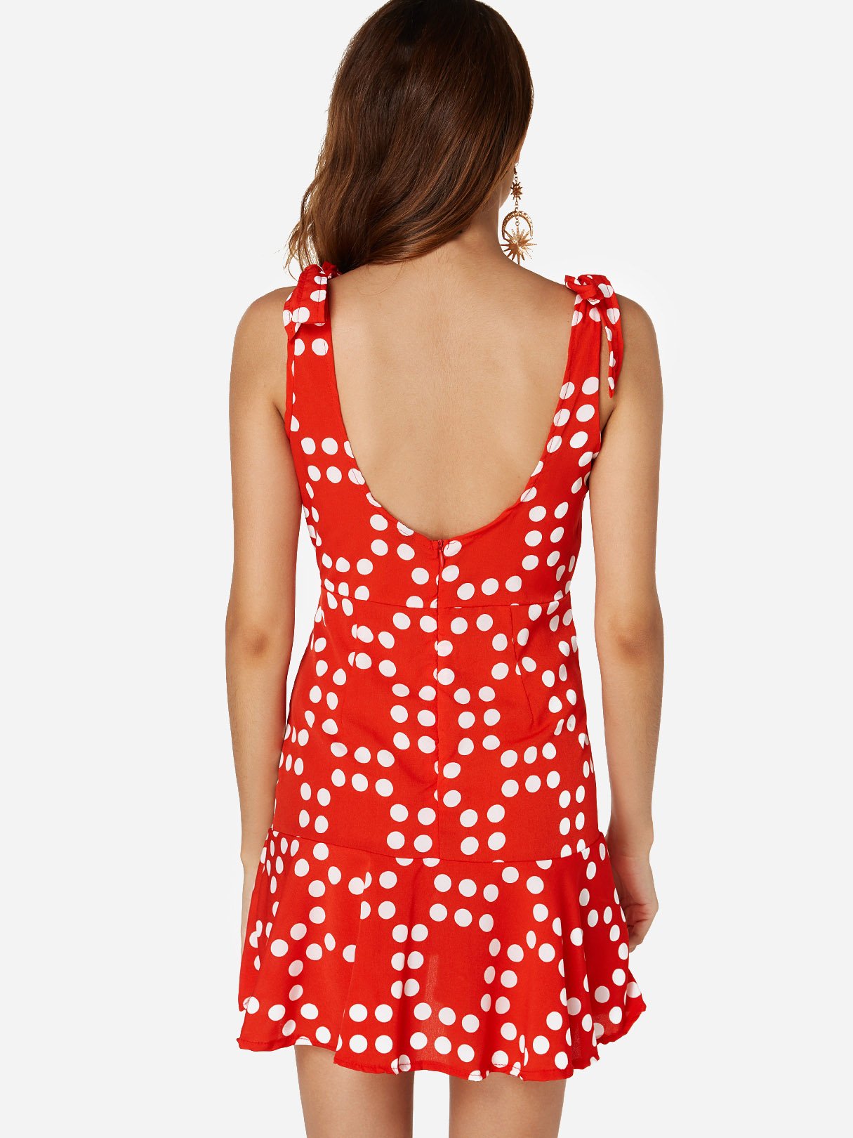 Red Round Neck Sleeveless Polka Dot Spaghetti Strap Irregular Hem Mini Dress