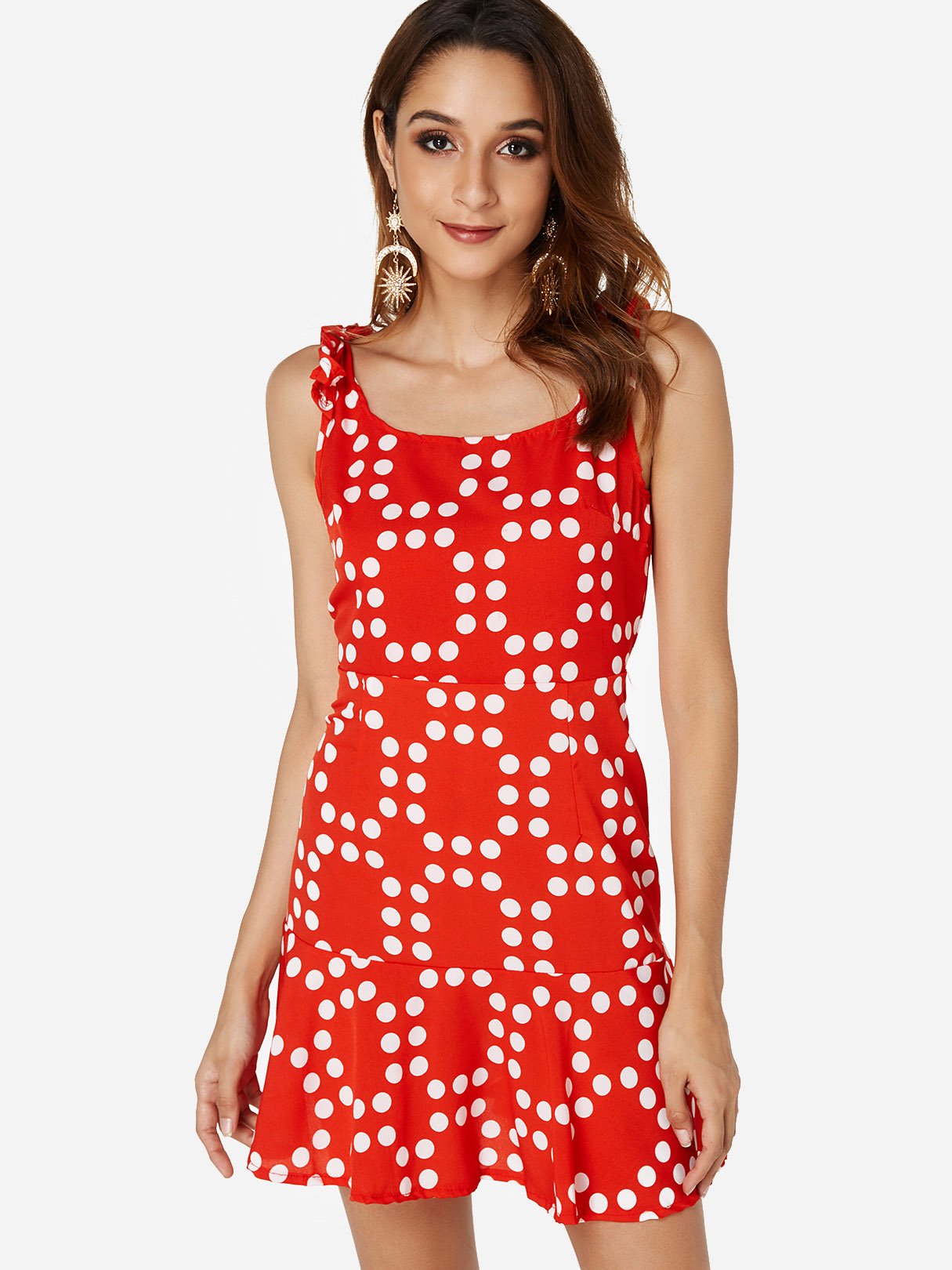 Red Round Neck Sleeveless Polka Dot Spaghetti Strap Irregular Hem Mini Dress